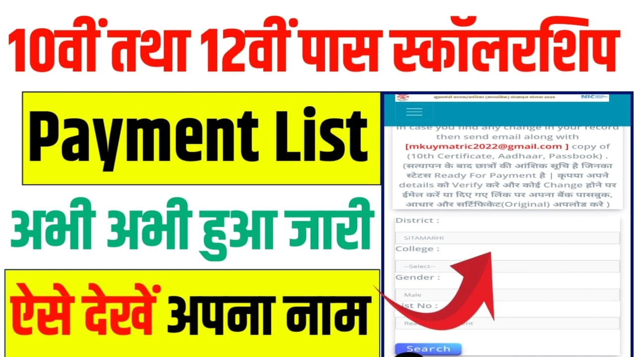 10th and 12th pass scholarship payment List